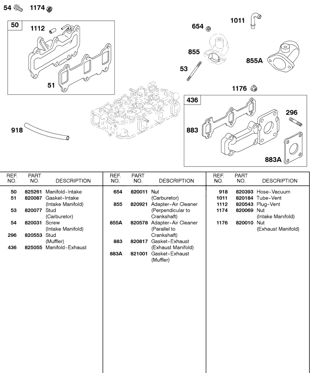 Exhaust Manifold, Intake Manifold Diagram and Parts List for 589447-0334-XX  Briggs and Stratton Engine